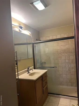 a bathroom with a sink a mirror and a shower