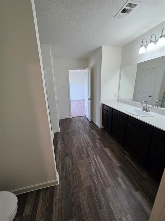 477 Bank Way Crowley, TX 76036 - Photo 13 of 39 Bathroom featuring wood finished floors, a textured ceiling, and vanity