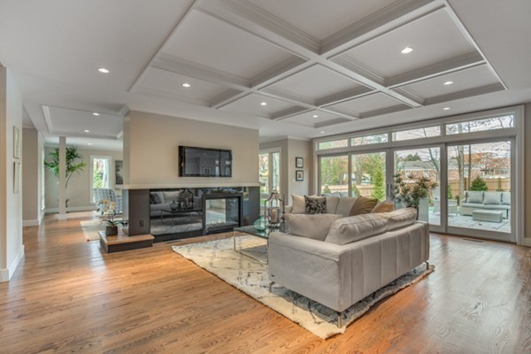 a living room with fireplace furniture and a flat screen tv