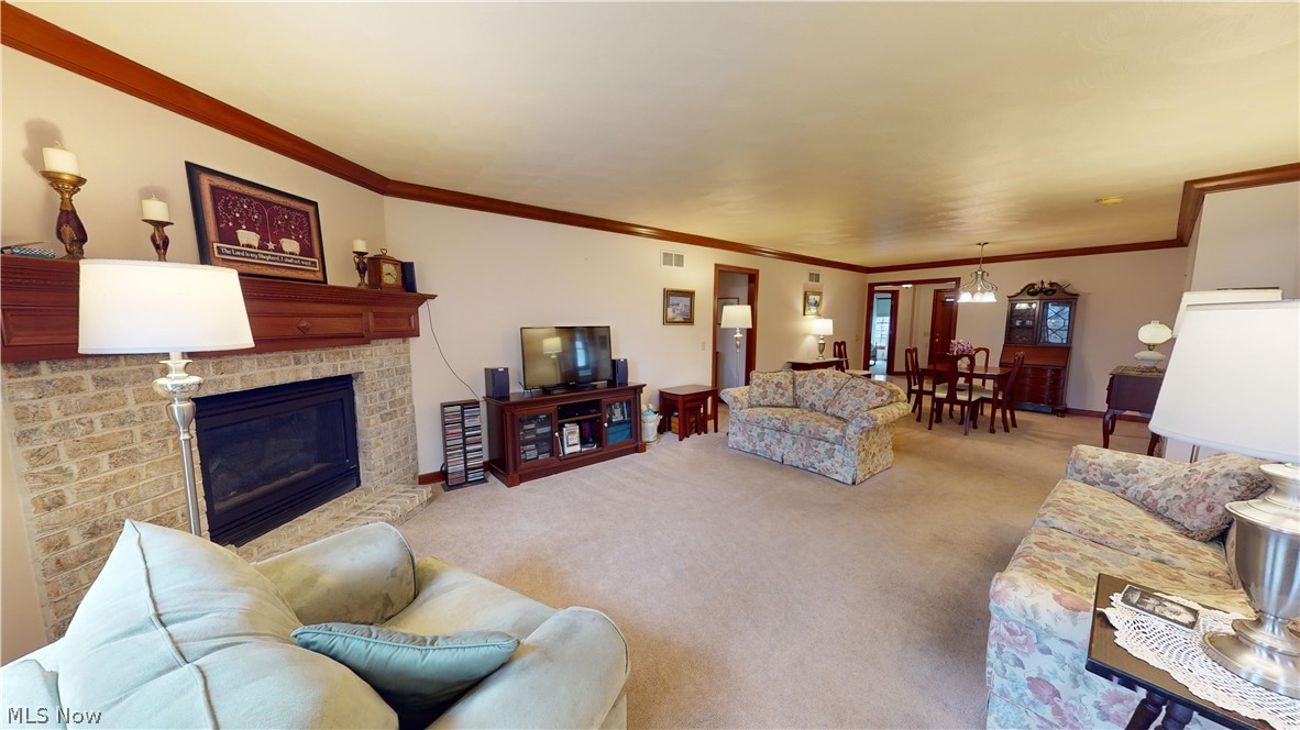 167 Mathews Road, Unit B Youngstown, OH 44512 - Photo 17 of 34 Living room with a fireplace, light carpet, and ornamental molding