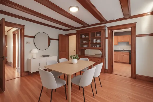 a dining room with furniture a chandelier and wooden floor