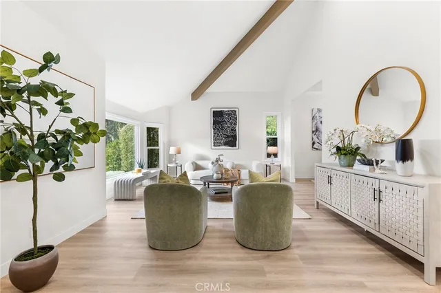 a living room with furniture a potted plant and a large window