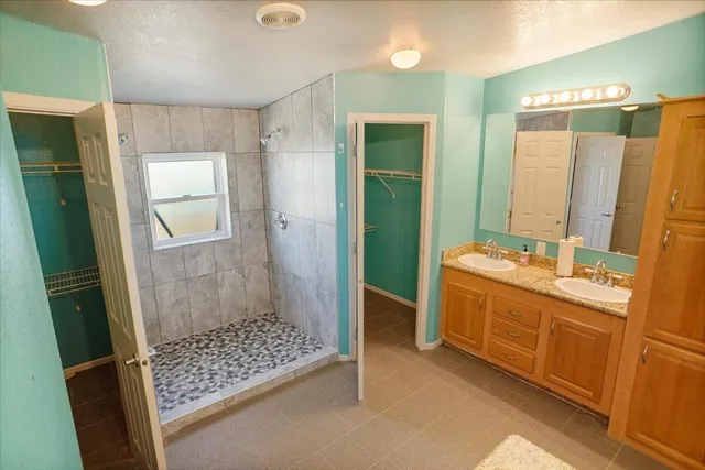 a bathroom with a double vanity sink a mirror and shower