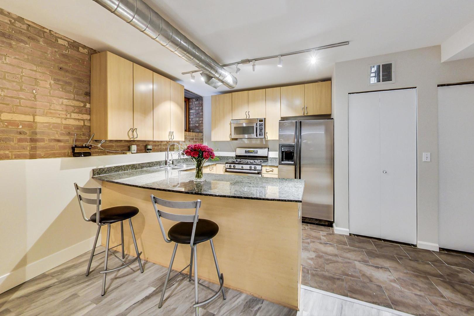 2101 West Rice Street, Unit 103 Chicago, IL 60622 - Photo 11 of 44 a kitchen with stainless steel appliances granite countertop a sink and a refrigerator