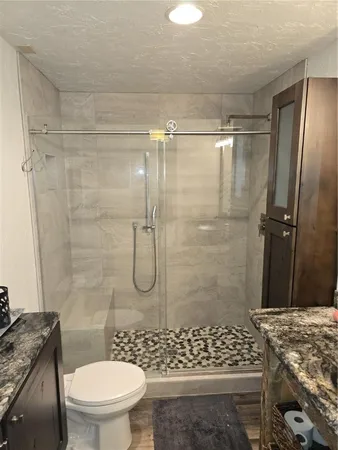a bathroom with a shower toilet and sink