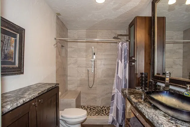 a bathroom with a granite countertop sink toilet and shower