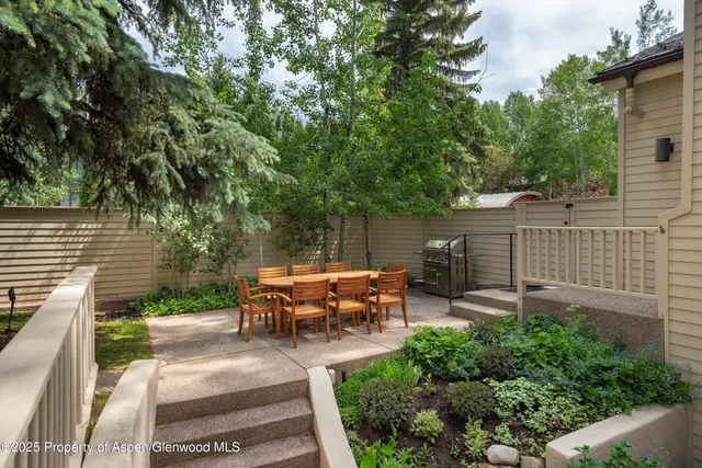 a view of a patio with table and chairs potted plants and large tree