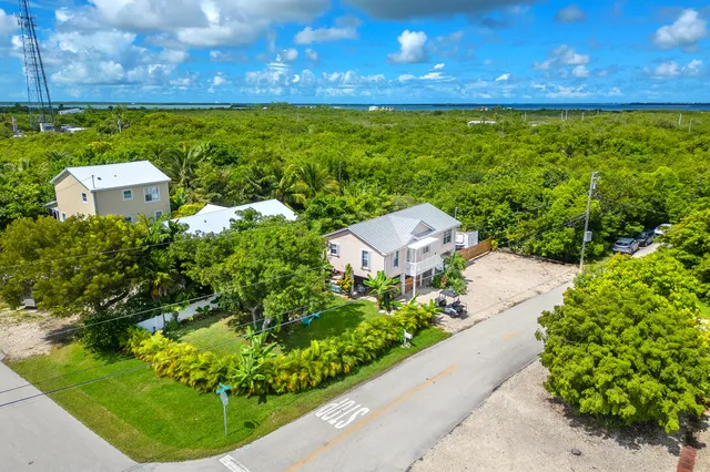 a aerial view of a house with a garden and pathway
