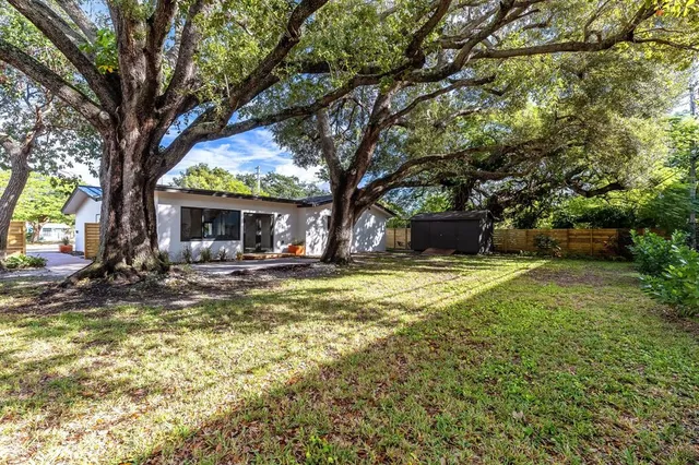 a view of a house with swimming pool and a large tree