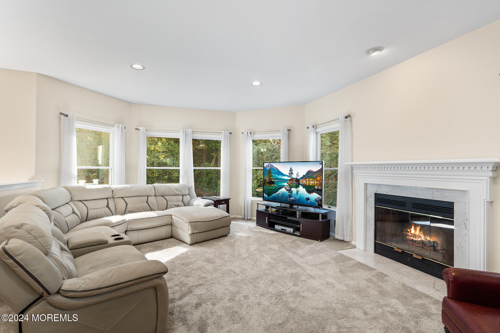 276 Nottingham Road Morganville, NJ 07751 - Photo 18 of 55 a living room with furniture a fireplace a window and a flat screen tv
