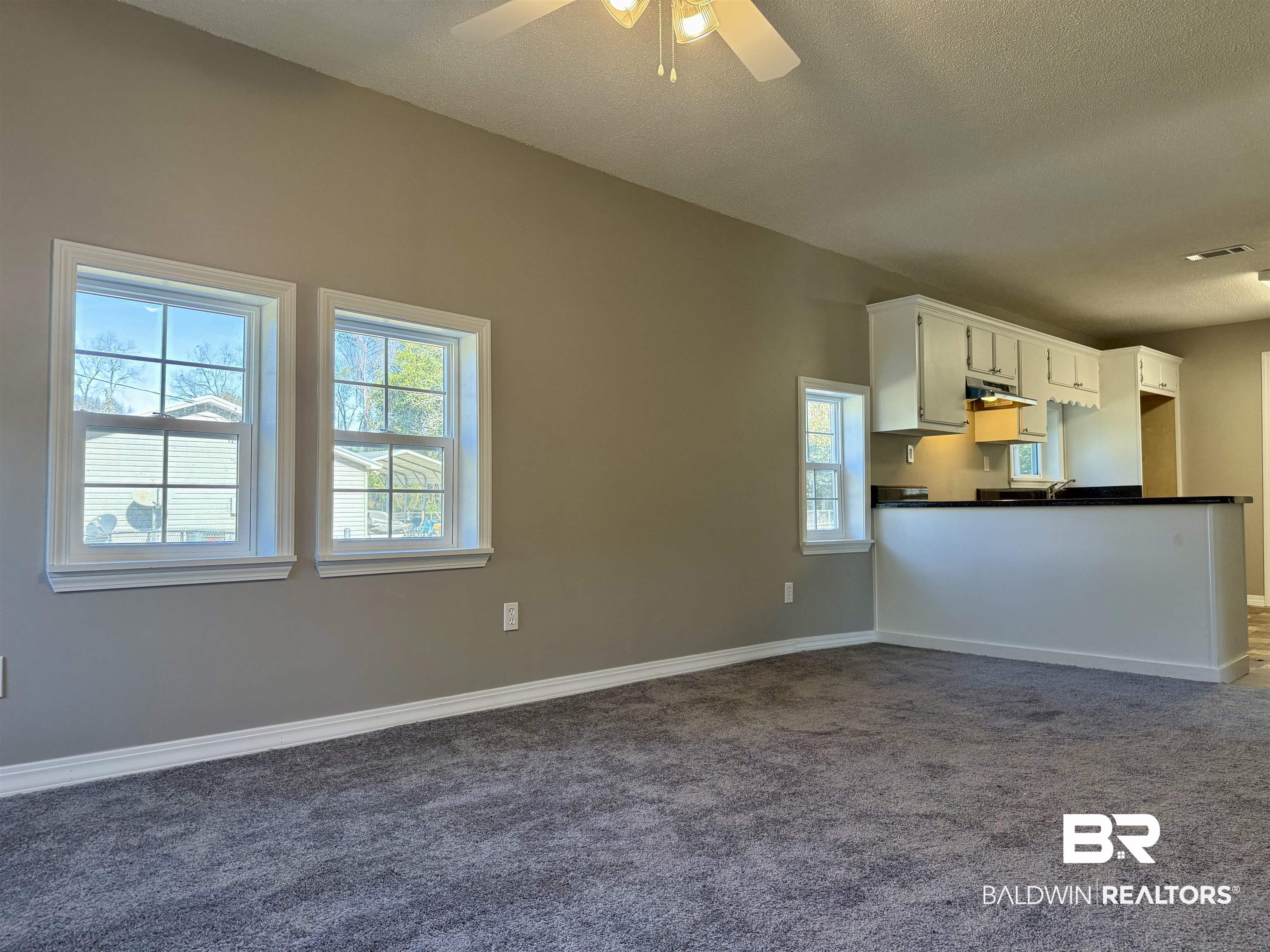 205 Schad Street Brewton, AL 36426 - Photo 4 of 11 Unfurnished living room featuring dark carpet, a textured ceiling, and a ceiling fan