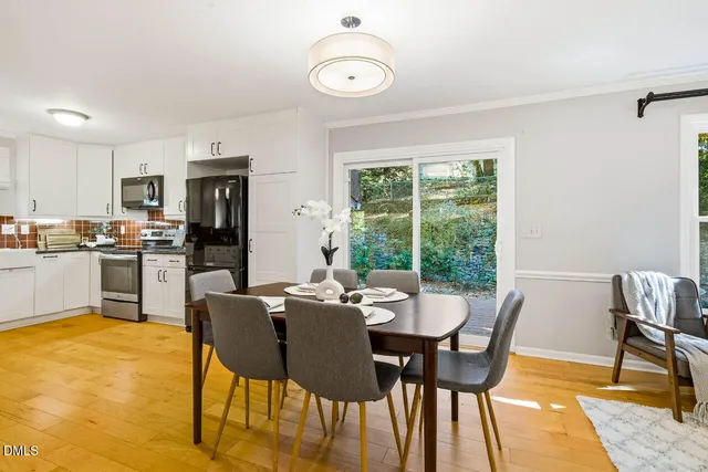 a view of a dining room with furniture window and outside view