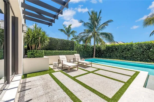 a view of swimming pool with a patio and a garden