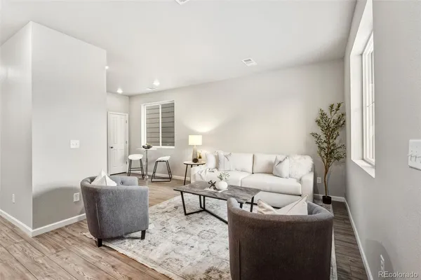 a living room with furniture and a potted plant