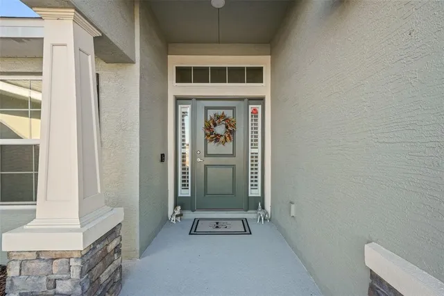 a view of a hallway with entryway wooden floor and front door