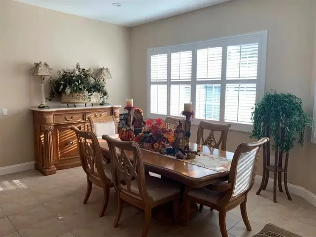a view of a dining room with furniture and window