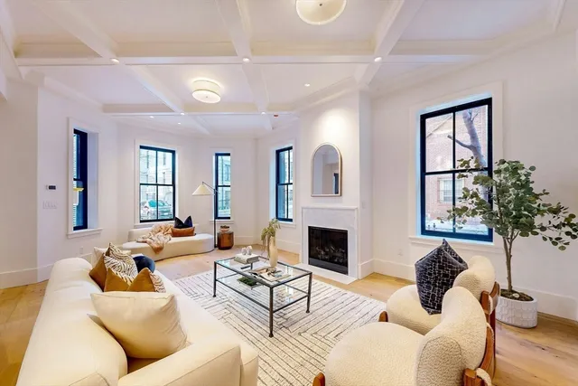 a living room with furniture and a potted plant