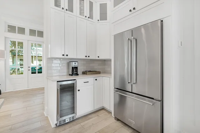 a balcony with wooden floor