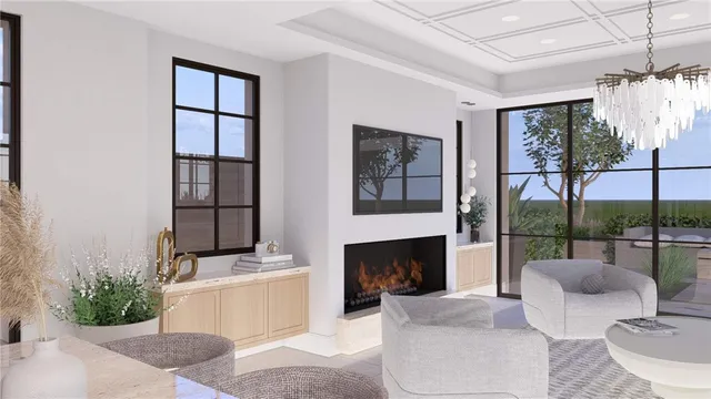 a living room with furniture a fireplace and a floor to ceiling window