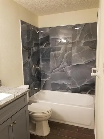 a bathroom with a toilet and a bathtub