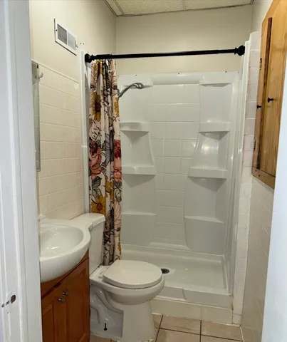 a bathroom with a shower a toilet and a sink