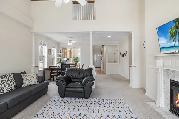 a living room with furniture and a fireplace