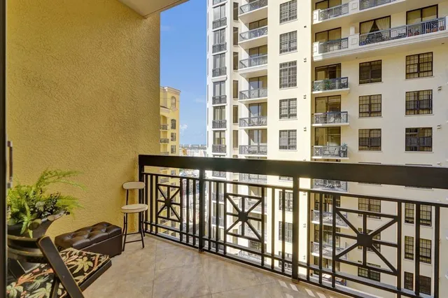 a view of a building from a balcony