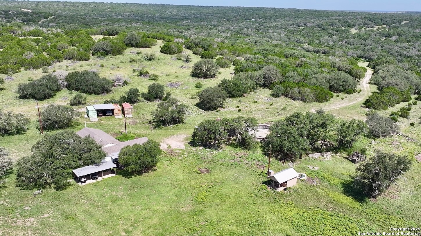 an aerial view of residential houses with outdoor space and trees