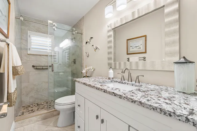 a bathroom with a granite countertop sink a toilet and shower