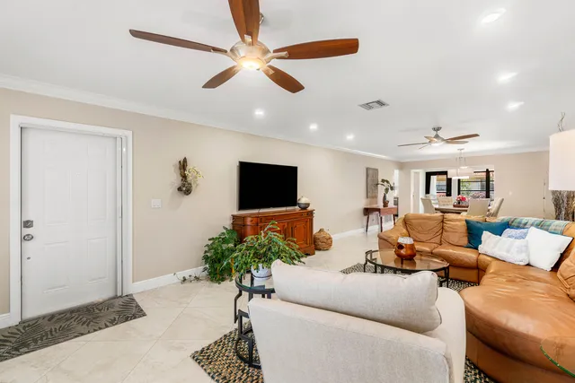 a living room with furniture and a potted plant