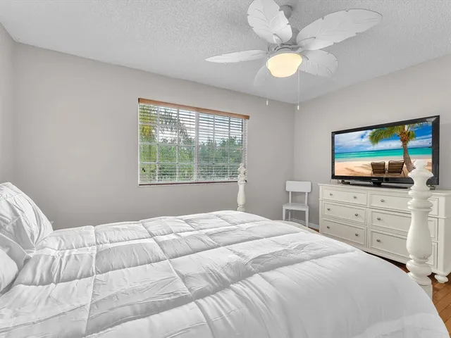 a bedroom with a bed and a flat tv screen on dresser