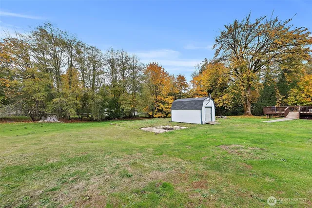 a garden with trees in front of it