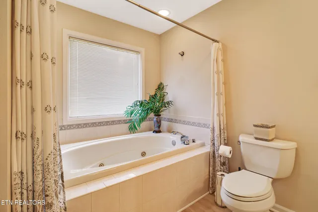 a bathroom with a shower and a toilet