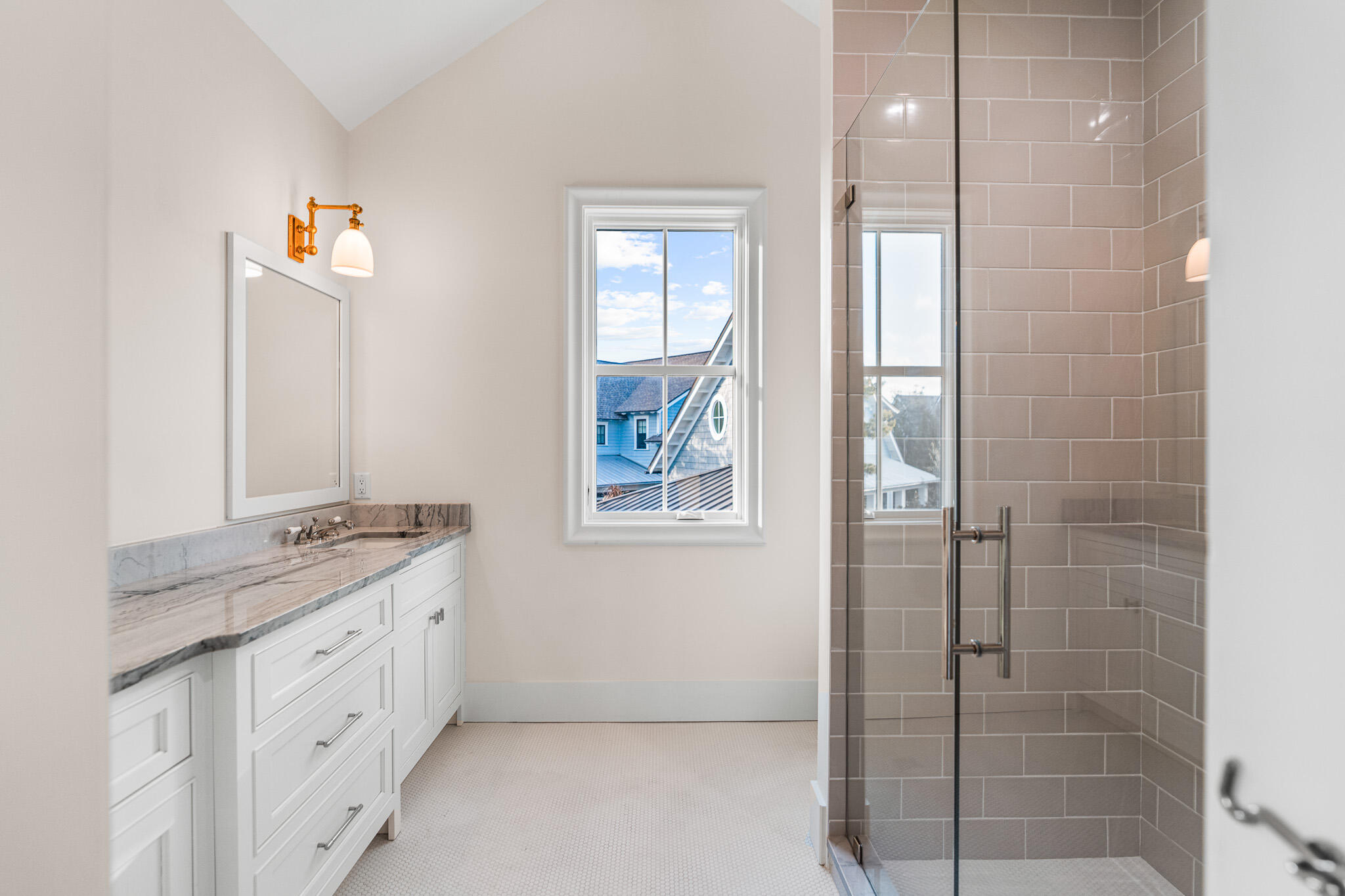 80 Shore Bridge Cir Inlet Beach Inlet Beach, FL 32461 - Photo 38 of 46 a bathroom with a granite countertop sink a mirror a shower and a window