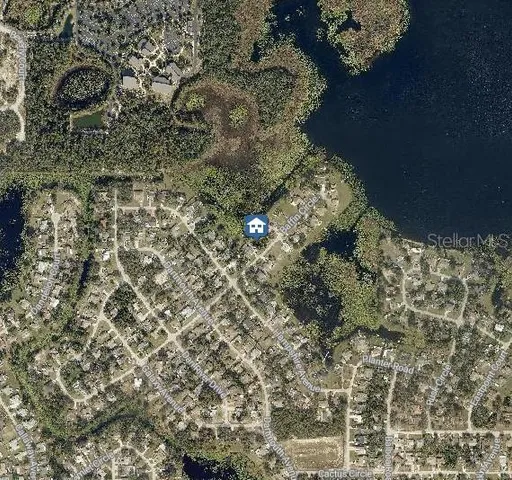 a aerial view of a house with a yard and covered with snow