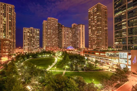 a view of a city with tall buildings