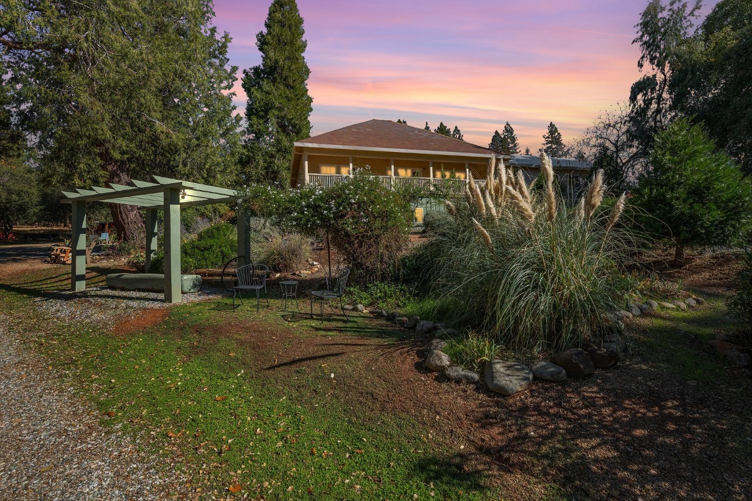 15579 Jesus Maria Road Mokelumne Hill, CA 95245 - Photo 5 of 91 a view of a patio with table and chairs under an umbrella with large trees