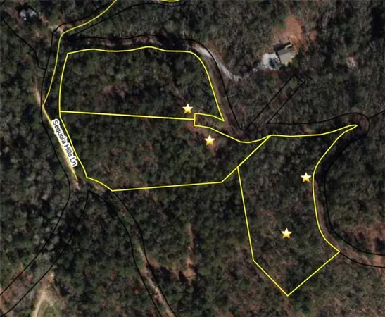 a view of a dry yard with trees in the background