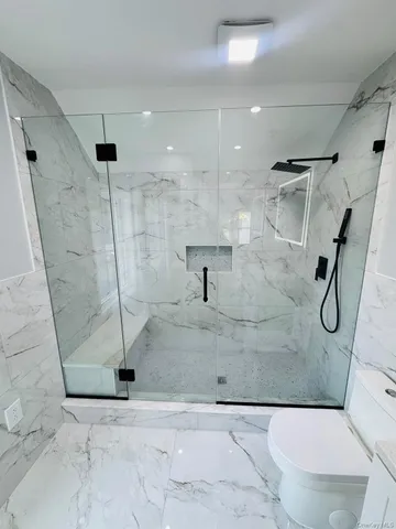 a bathroom with a shower and toilet