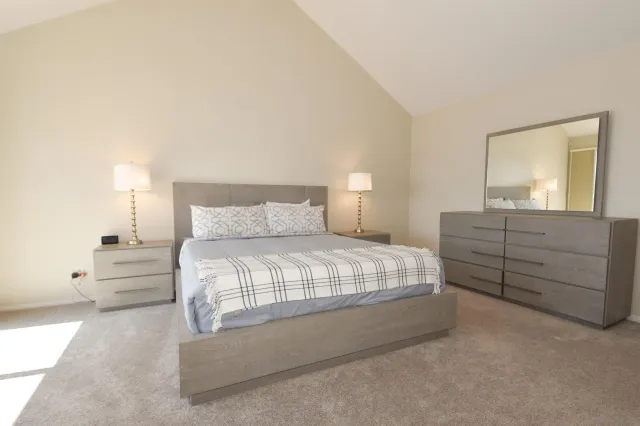 a bedroom with a bed and a dresser