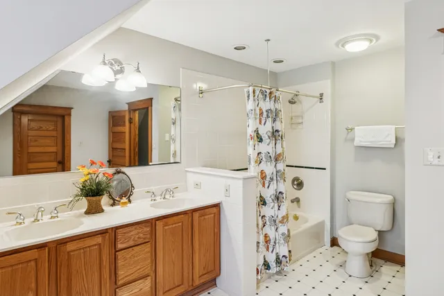 a bathroom with a sink toilet double vanity and shower