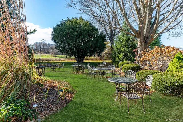 a view of a chair and table on the garden