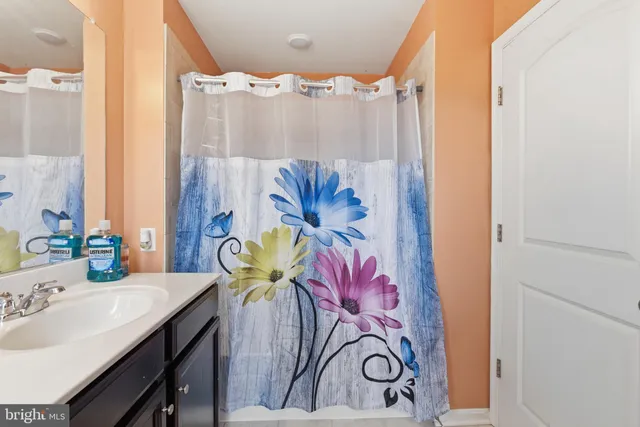 a bathroom with a sink a mirror and a shower curtain