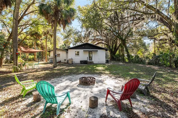 a backyard of a house with table and chairs