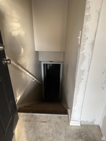 874 770 South Tooele, UT 84074 - Photo 11 of 19 Lower level access featuring carpeted stairs and a wood handrail