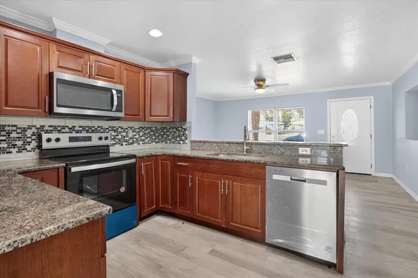 a view of wooden cabinets