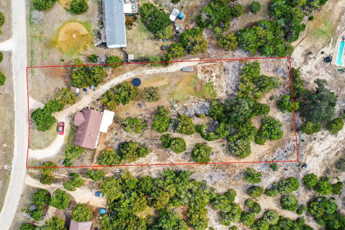 an aerial view of a house with a yard and large trees