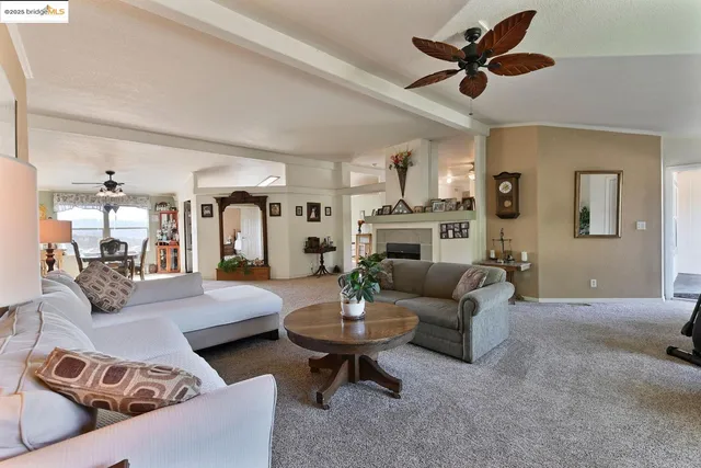 a living room with furniture a fireplace and a large window
