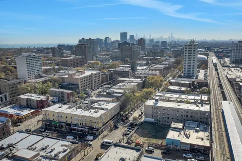 a city view with tall buildings