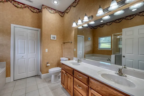 a bathroom with a double vanity sink mirror and toilet